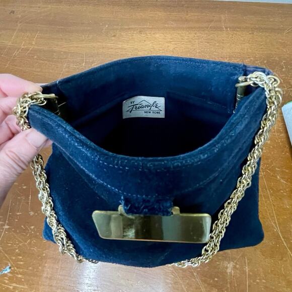 VTG Triangle NY Vintage Suede Hinged Handbag | Navy Blue | Circa 1960 | EUC - Picture 4 of 9